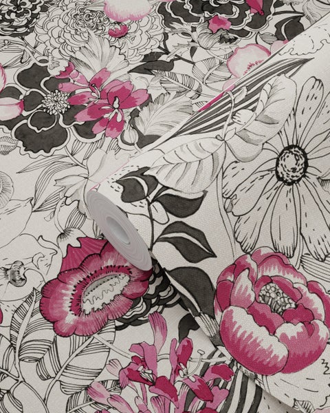 Tapetenrolle mit floralem Muster in Schwarz und Pink