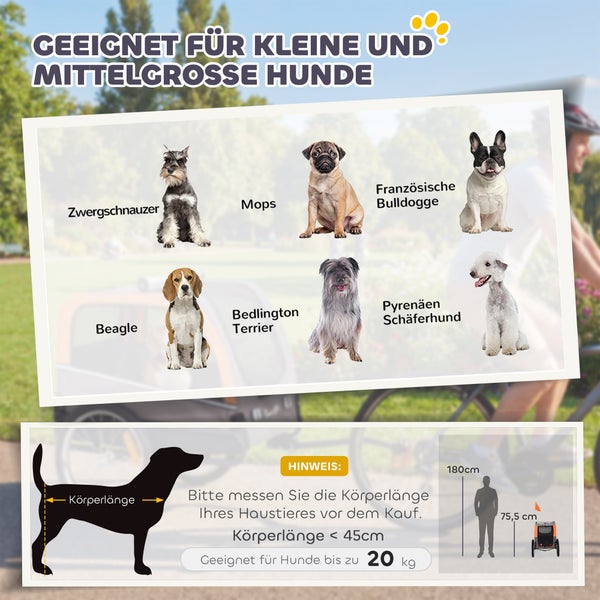 Infografik für Hundefahrradanhänger für kleine bis mittlere Hunde bis 20 Kilogramm und unter 45 Zentimeter Körperlänge mit Messhinweis und Vergleich.