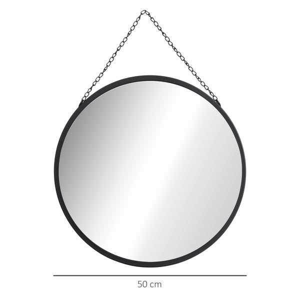 HOMCOM Wandspiegel Schminkspiegel Ø 50 cm Rundspiegel Wohnzimmerspiegel mit dekorativer Aufhängung für Schlafzimmer, Esszimmer, Diele Schwarz Metall Glas