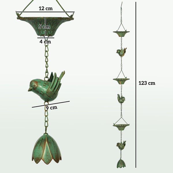 Outsunny 3er Set Regenkette 123cm Regenablaufkette aus Metall Ablaufkette mit befestigtem Aufhänger Vögeln Bell Dachrinnenkette Regenwasserkette Regenfängerkette für Dachrinnen Regenfänger Regenketten