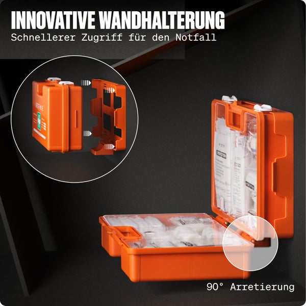 Erste Hilfe Kasten DIN 13169:2021 - Verbandskasten inkl. praktischer Wandhalterung, 5x Aufkleber, Gesichtsmasken, Feuchttücher & Plombe - Erste Hilfe Koffer für Betriebe, Einrichtungen & Zuhause