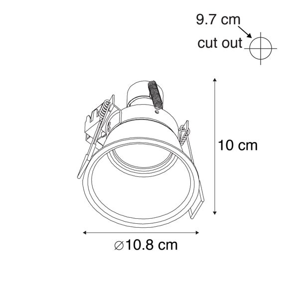 Technische Zeichnung eines Einbaustrahlers mit Maßen: Durchmesser 10,8 Zentimeter, Höhe 10 Zentimeter und Lochausschnitt 9,7 Zentimeter.