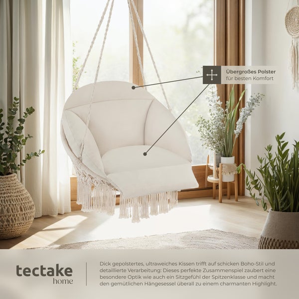 Hängesessel tectake Samira 80 x 81 x 139 cm mit dickem Sitzkissen beige