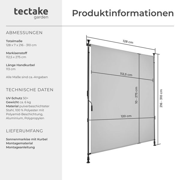 Klemmmarkise tectake Taija leichtgängige Handkurbel verschiedene Größen hellgrau