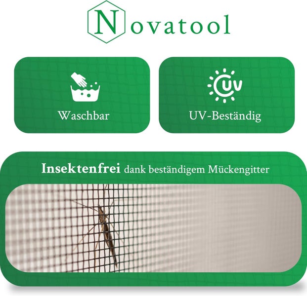 Novatool Logo. Das Mückengitter ist waschbar, ultraviolett-beständig und bietet Schutz vor Insekten.