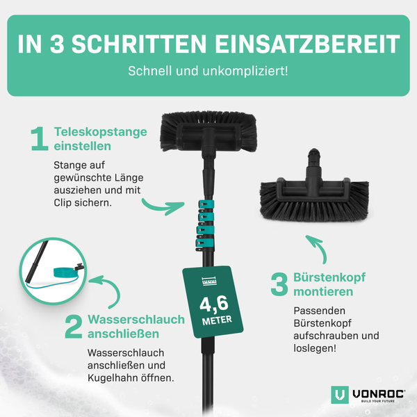 VONROC Teleskop Waschbürste mit Teleskopstiel 4,6m - Ausziehbar Teleskopstangen Reinigung für Fenster, Terrassendach, Solaranlage - inkl. Bürste, Schlauch, Seifenspender