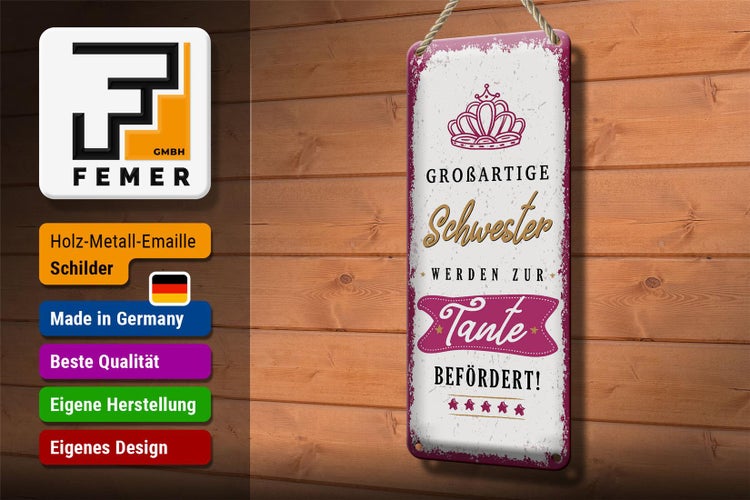 Blechschild Spruch Großartige Schwester werden Tante 10x27cm