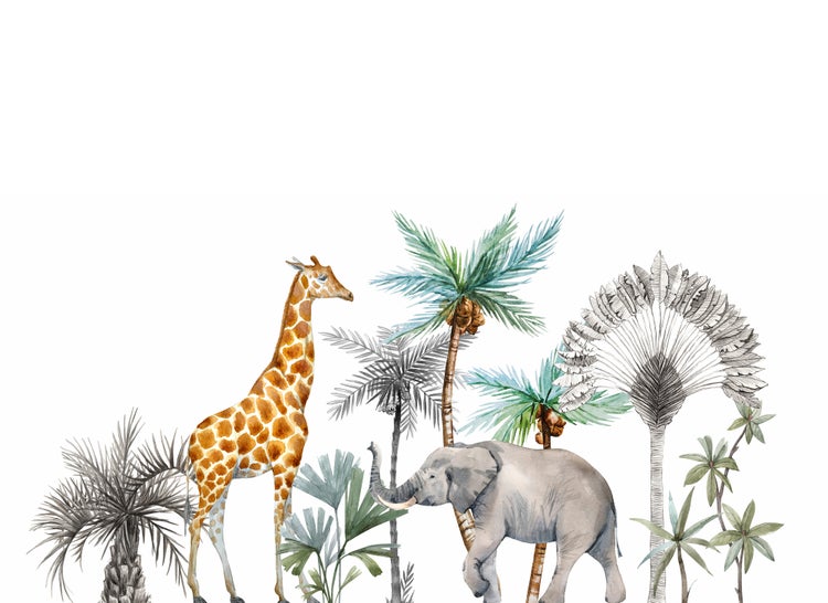 Wanddekoration im Aquarell-Stil mit Giraffe, Elefant und verschiedenen Palmen im Safari-Thema.
