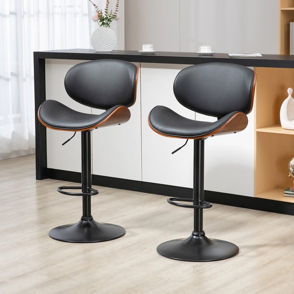 HOMCOM 2er-Set Barhocker, Höhenverstellbarer Küchenhocker, Tresenstuhl aus Kunstleder, Drehstuhl mit Fußstützen, Barstuhl für Küche, Esszimmer, Schwarz, Stahl, 53 x 52 x 92-112 cm