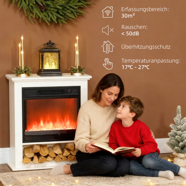 Weißer Elektrokamin mit Frau und Kind. Funktionen: 30 Quadratmeter Erfassungsbereich, unter 50 Dezibel, Überhitzungsschutz, 17 bis 27 Grad Celsius.