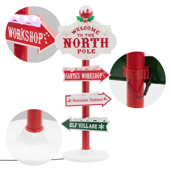 ECD Germany LED Weihnachtsdeko Wegweiser 95cm, 59 bunte LEDs, Nordpol Schild mit 4 beschrifteten Planken, Innen/Außen, Wetterfest, Garten Deko Weihnachten aus Kunststoff, Richtungsweiser beleuchtet