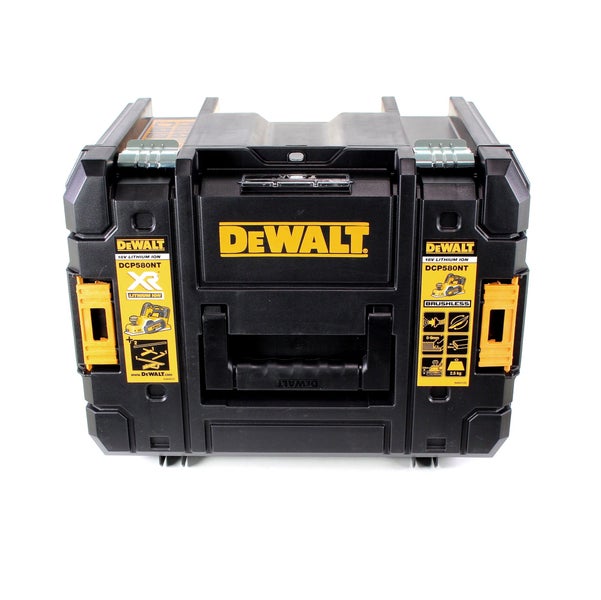 DeWALT Werkzeugbox TSTAK für Akku-Hobel DCP580NT, robuster Kunststoffkoffer mit Tragegriff und stabilen Verschlüssen.