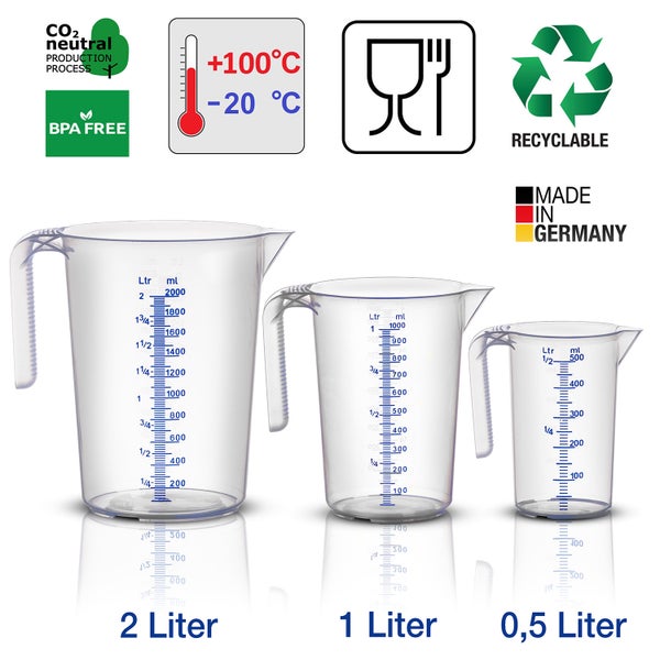 Drei Messbecher mit Skala von 0,5, 1 und 2 Liter, Symbole für CO2-neutrale Produktion, BPA-frei, Temperaturbeständigkeit, Spülmaschineneignung, Recyclingfähigkeit und Hergestellt in Deutschland