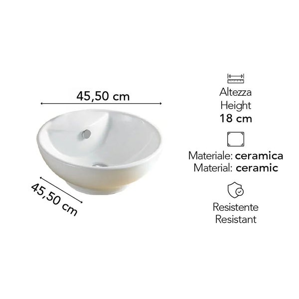 Rundes Aufsetzwaschbecken aus Keramik mit einem Durchmesser von 45,50 Zentimeter und einer Höhe von 18 Zentimeter, widerstandsfähiges Material.