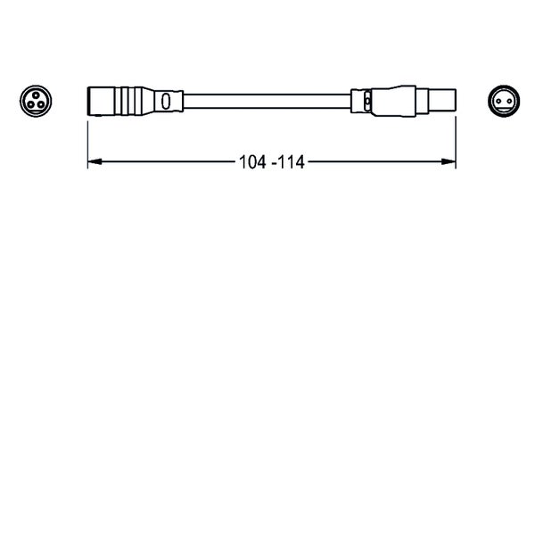 Technische Zeichnung eines Kabels mit einem dreipoligen Stecker und einem zweipoligen Stecker, Länge zwischen 104 und 114 Millimetern.