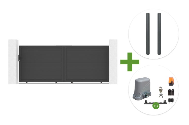Aluminium-Schiebetor-Set in Anthrazit mit zwei Pfosten und elektrischem Antrieb inklusive Zubehör.