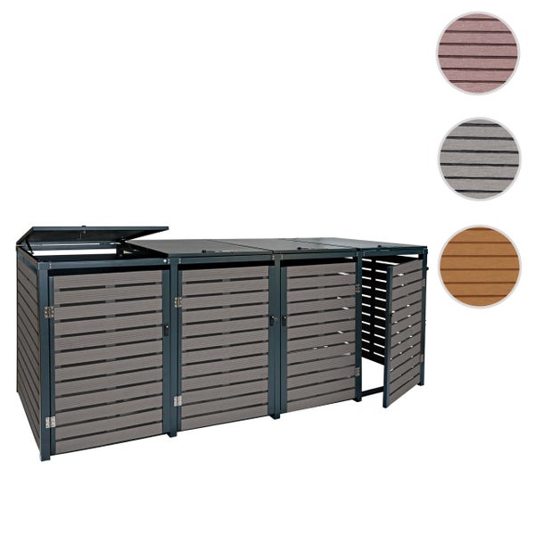 Mülltonnenbox für drei Tonnen mit horizontalen Lamellen und geöffneter Tür