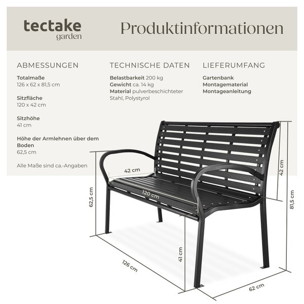 Gartenbank tectake Pino 126 x 62 x 81,5 cm 3-Sitzer schwarz