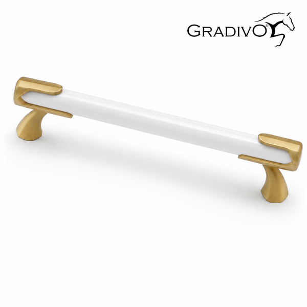 Moderner Möbelgriff von Gradivo mit weißem Stab und goldfarbenen Halterungen. Gradivo Logo.