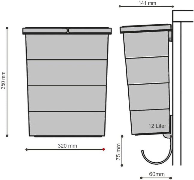 Technische Zeichnung mit Maßen für einen 12 Liter Abfallbehälter zur Wandmontage.