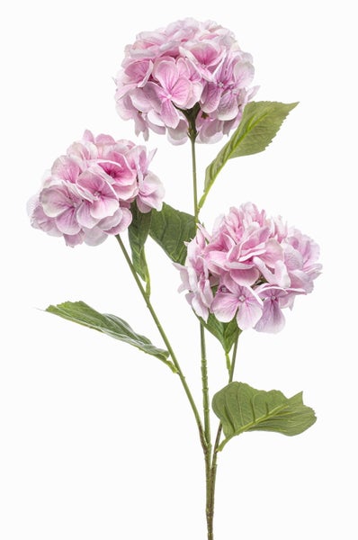 Künstlicher Hortensienzweig mit drei rosa Blütenköpfen und grünen Blättern.