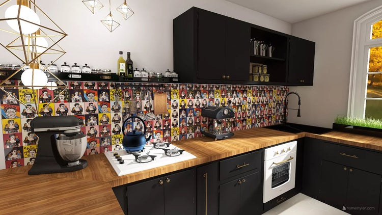 Küchenszene mit Küchenmaschine, Herd, Spüle, Dunstabzugshaube und Wandfliesen im Pop-Art-Stil