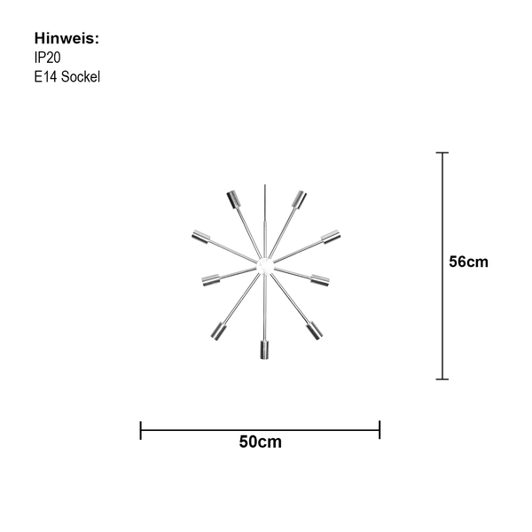 Abmessungen einer Lampe mit IP20 Schutzart und E14 Fassung: 56 cm hoch und 50 cm breit.