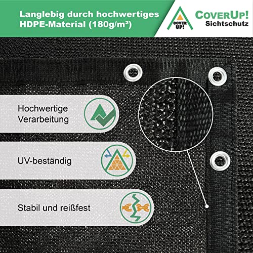 CoverUp! Balkon Sichtschutz 0,9m x 3m (180 g/m²) – Balkonverkleidung Terrassensichtschutz Blickdicht – inkl. 30 Klett-Kabelbinder - schwarz