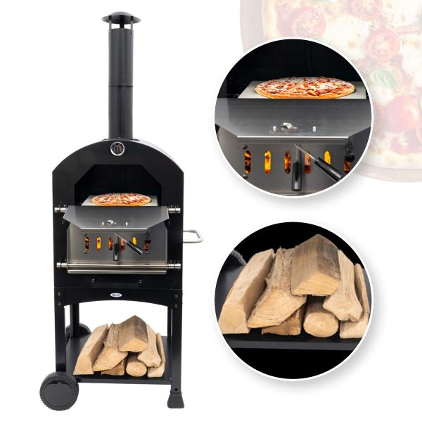 Pizzaofen für den Außenbereich mit Schornstein, Thermometer, Pizzastein und Holzfach. Detailansichten zeigen Kaminholz und Pizzazubereitung.