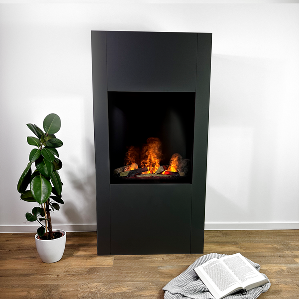 GLOW FIRE Elektrokamin 'Böll'| Wasserdampf Kamin mit OMC 600 inkl. Holz in schwarz als Raumteiler | HxBxT: 145x54x44 cm