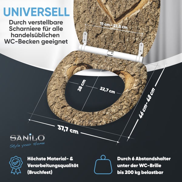 Sanilo WC-Sitz mit Holzrinden-Motiv, universell passend für handelsübliche WC-Becken, mit verstellbaren Scharnieren und 200 Kilogramm Belastbarkeit.