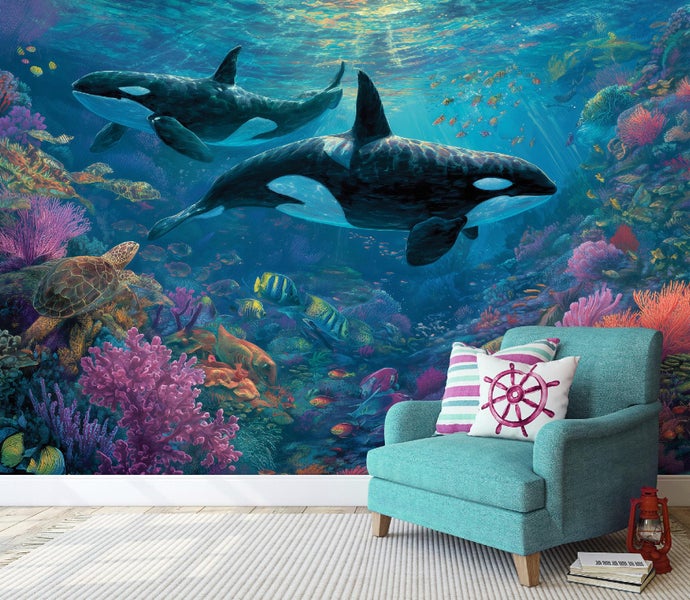 Zimmer mit Fototapete einer Unterwasserwelt mit Orcas, Meeresschildkröte und Korallenriff sowie einem türkisfarbenen Sessel und weißem Teppich.