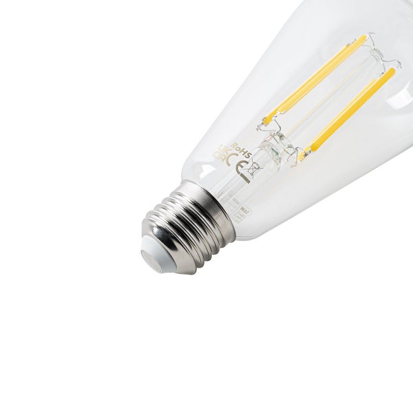 Klare LED-Filament-Lampe mit E27-Sockel, sichtbaren gelben Leuchtfäden und Kennzeichnungen für Konformität und Umweltverträglichkeit.