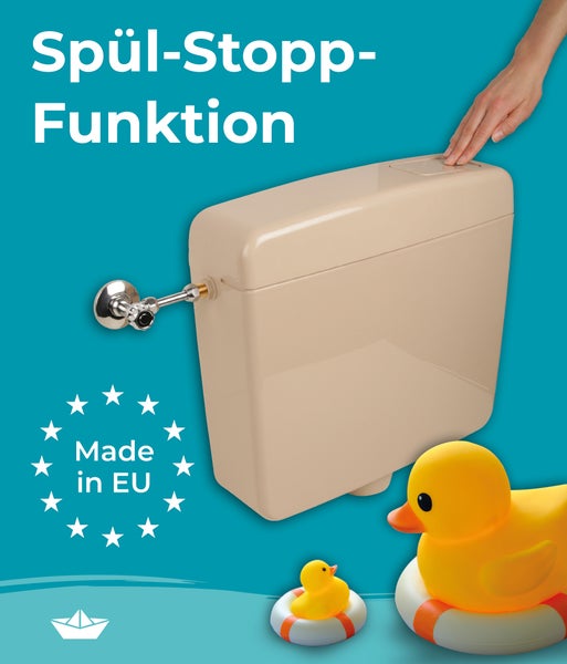 Spülkasten mit Spülstoppfunktion und Anschlussarmatur, hergestellt in der Europäischen Union