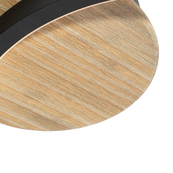 Runde Deckenleuchte mit Holzoptik und dunklen Metallelementen