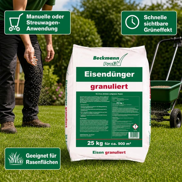 Beckmann Profi Eisendünger granuliert 25 Kilogramm Sack zur Rasenpflege, manuelle Anwendung oder mit Streuwagen für dichten, grünen Rasen.