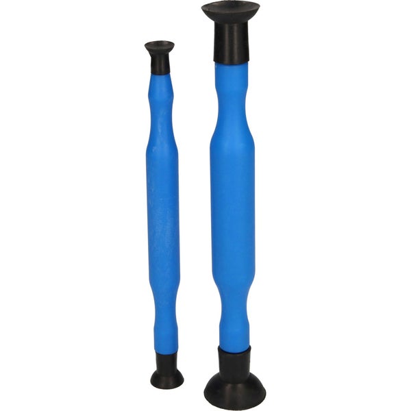 Zwei blaue Pümpel für Sanitärinstallationen