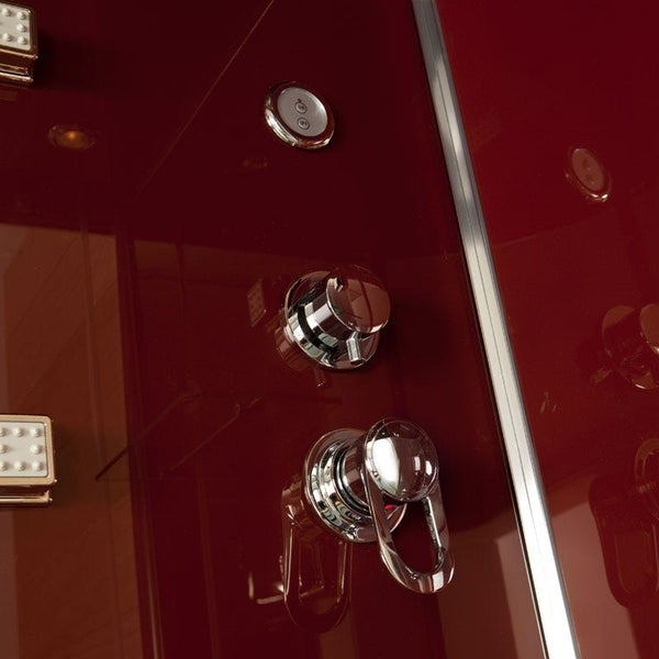 Detailansicht einer Duschkabine mit verchromten Armaturen, Einhebelmischer und Funktionsreglern.