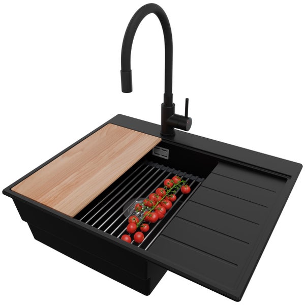 PRIMAGRAN Granitspüle Schwarz 62x50cm, Spülbecken 1 Becken + Küchenarmatur 40x38cm + Ablauf-Set + Küchenzubehörset, Küchenspüle ab 45er Unterschrank - Sydney