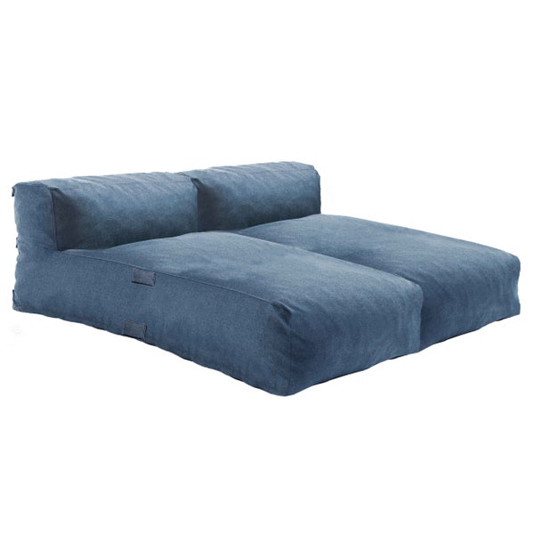 Zweisitzer Sitzsack Sofa mit Rückenlehne, Stoffbezug blau.