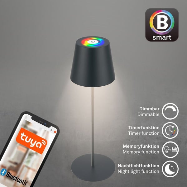 Briloner Coloris LED Tischlampe Smart kabellos, Smart via Appsteuerung, Dimmbar, Speicherfunktion, Timer, Anthrazit, Ø10,5 x 36 cm
