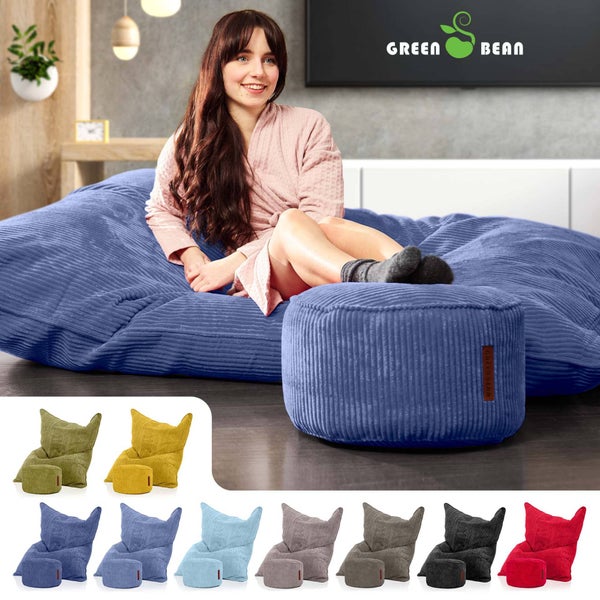 Green Bean Sitzsack + Pouf im Set - XXL Riesensitzsack mit passenden Fußhocker | EPS Füllung Bean Bag Bodenkissen Liegekissen Sitzkissen Indoor Drinnen Waschbar Dunkelblau