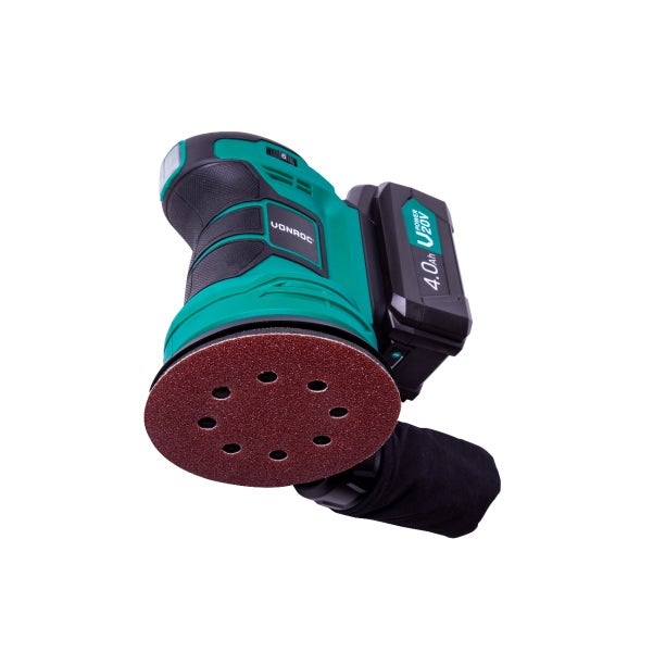 VONROC Exzenterschleifer Akku, Schleifmaschine - Handschleifer mit Staubbehälter 20V mit 4Ah Akku und Ladegerät, 125mm, 10.000/min, Variable Geschwindigkeit - Schleifer für Holz, Kunststoff, Metall - inkl. 12 Schleifpapier