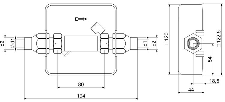 Technische Zeichnung mit Maßen in Millimeter für ein Wasserzähler-Einbaugehäuse.