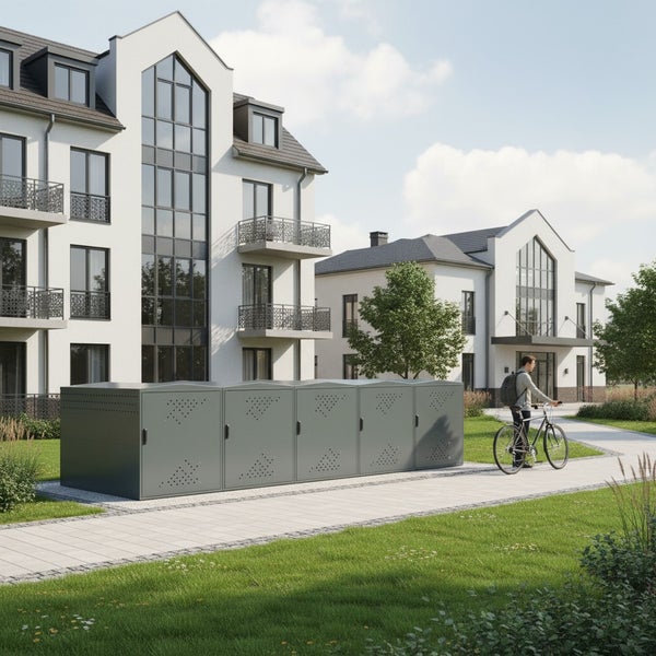 Graue Fahrradboxen vor einem Wohngebäude mit einer Person und einem Fahrrad