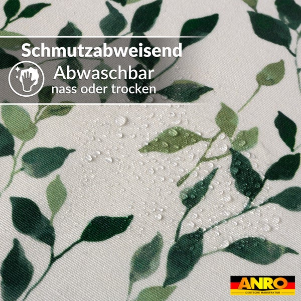 Schmutzabweisende und abwaschbare Oberfläche mit Blattmuster und abperlenden Wassertropfen. ANRO Logo.