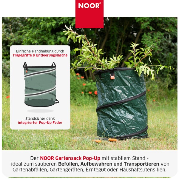 NOOR Pop Up Gartensack mit Tragegriffen und integrierter Feder für Gartenabfälle auf einer Wiese, inklusive Infografik.
