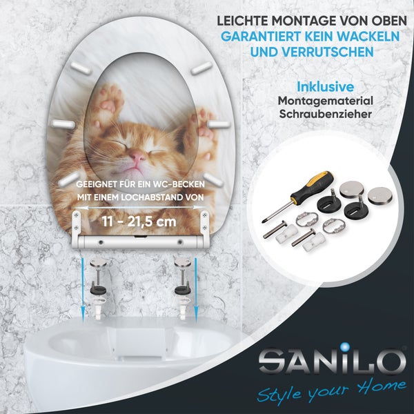 WC-Sitz mit Katzen-Motiv, Montage von oben, inkl. Montagematerial und Schraubendreher, verstellbarer Lochabstand 11 bis 21,5 cm, Sanilo Logo.