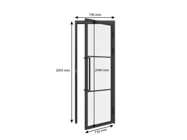 Loft Glastür 730x2040mm Klarglas Komplettset mit Beschlag DIN Rechts - Griffstange und Zarge