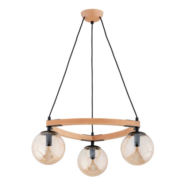 Hängeleuchte mit drei kugelförmigen Glasschirmen und einem runden Rahmen aus Holz für eine moderne Innenbeleuchtung.